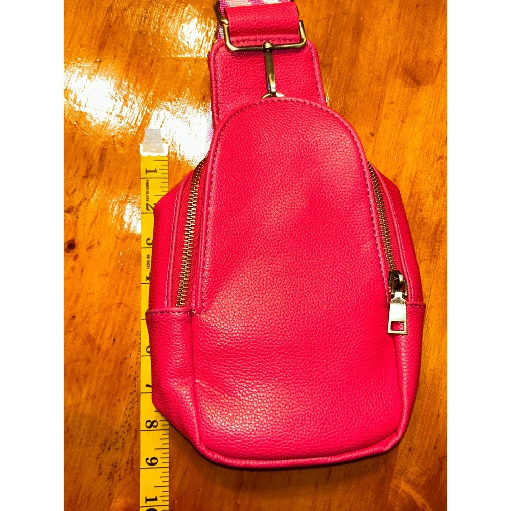 Pink Pebbled Vegan Leather Sling Bag Zebra Guitar Strap Crossbody Backpack Y2K - Picture 4 of 13